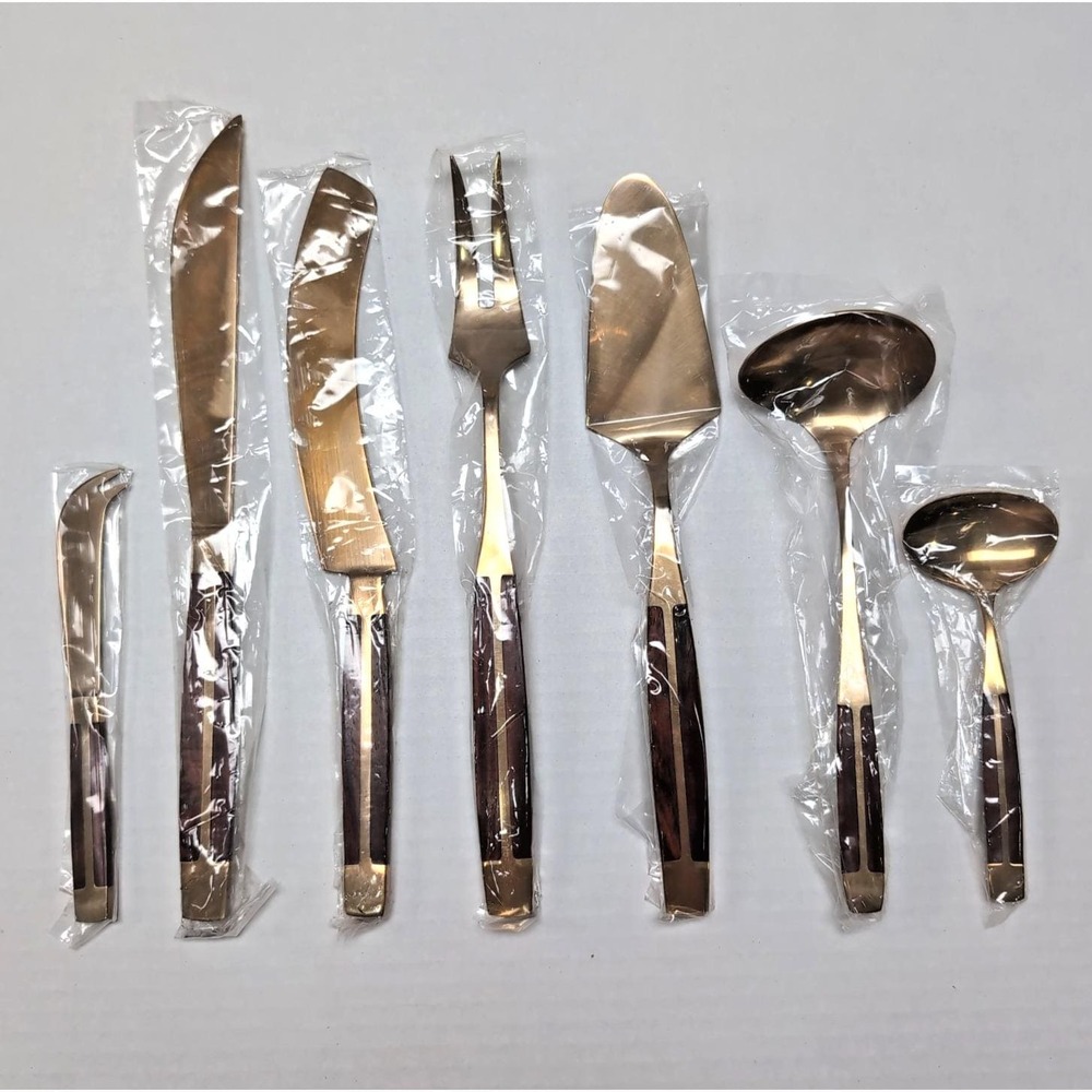 Vtg Jean Claude Brass Teak Flatware 64-Piece Incomplete Set 7 Serving Pcs & Box - Picture 3 of 16